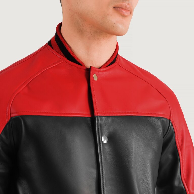 Mens Terrance Black & Red Leather Varsity Jacket Open Front-4-1704122580662